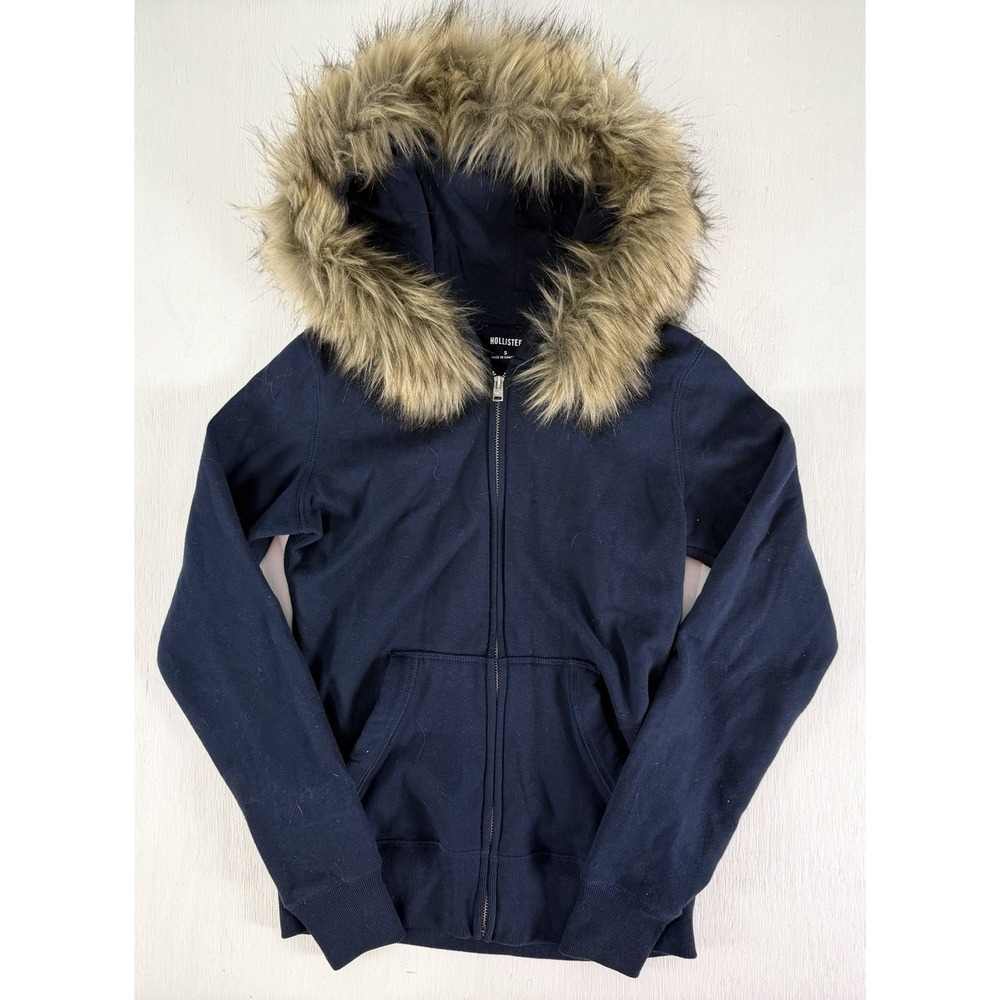 Y2K Style Hollister Jacket Faux Fur Hood Full Zip Hoodie Sweatshirt Size S Blue